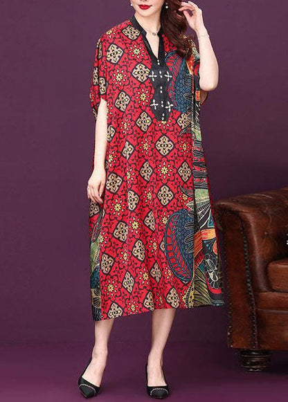 Baggy Red V Neck Print Silk Dresses Summer LY2223 - fabuloryshop