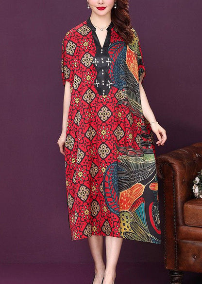 Baggy Red V Neck Print Silk Dresses Summer LY2223 - fabuloryshop