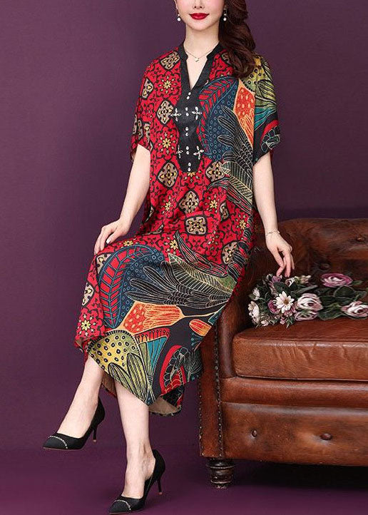 Baggy Red V Neck Print Silk Dresses Summer LY2223 - fabuloryshop