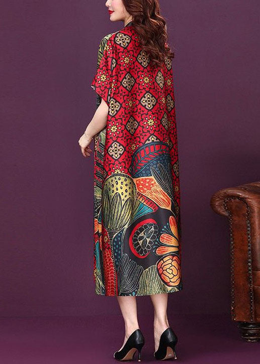 Baggy Red V Neck Print Silk Dresses Summer LY2223 - fabuloryshop