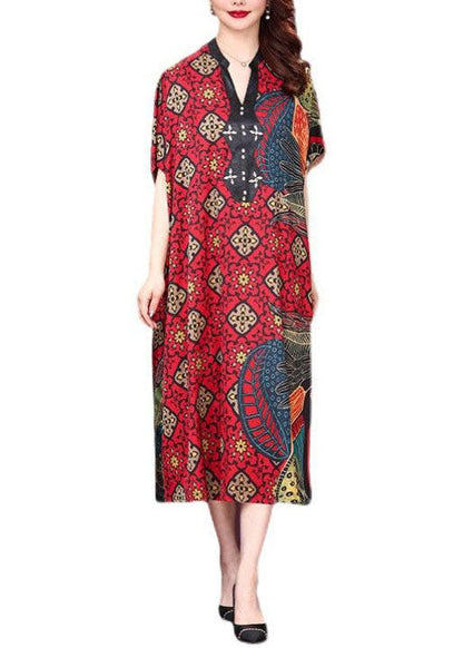 Baggy Red V Neck Print Silk Dresses Summer LY2223 - fabuloryshop