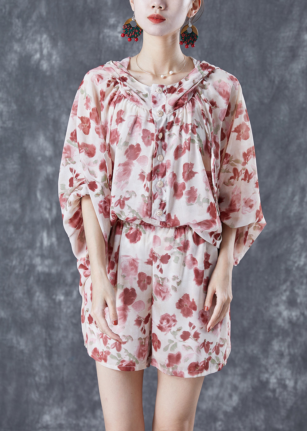 Beautiful Apricot Hooded Print Chiffon Women Sets 2 Pieces Summer LY5608 - fabuloryshop