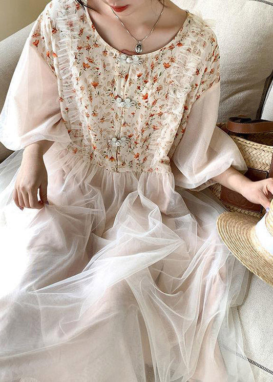 Beautiful Apricot O-Neck Embroideried Tulle Patchwork Maxi Dresses Half Sleeve TI1054 - fabuloryshop