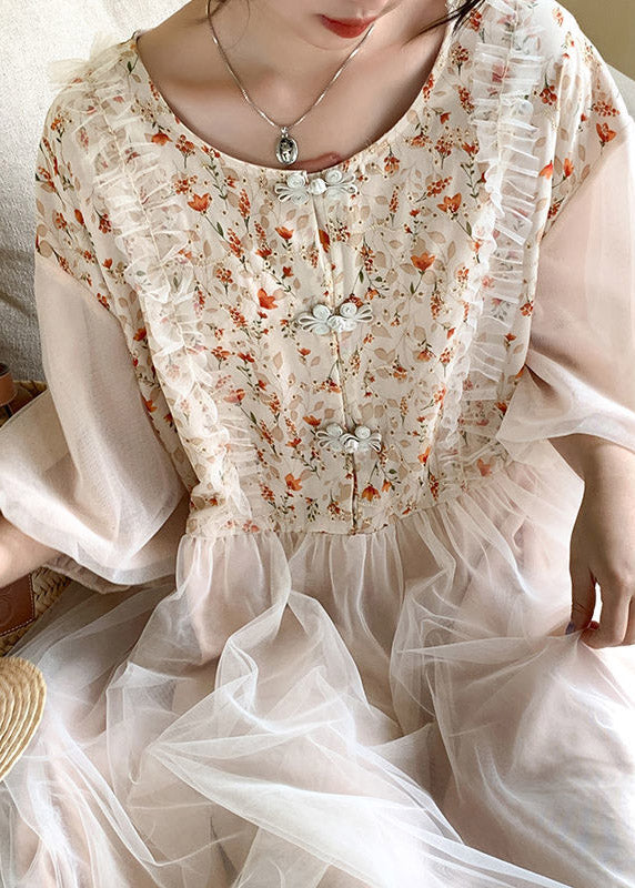 Beautiful Apricot O-Neck Embroideried Tulle Patchwork Maxi Dresses Half Sleeve LY4422 - fabuloryshop