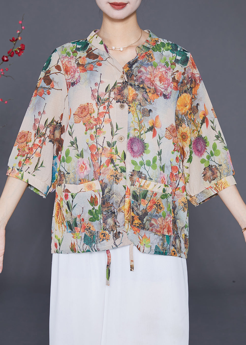 Beautiful Apricot Oversized Print Chiffon Shirt Top Half Sleeve Ada Fashion