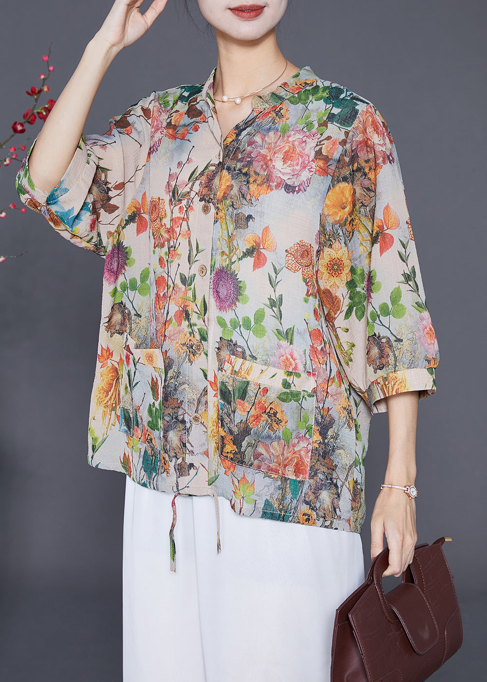 Beautiful Apricot Oversized Print Chiffon Shirt Top Half Sleeve Ada Fashion