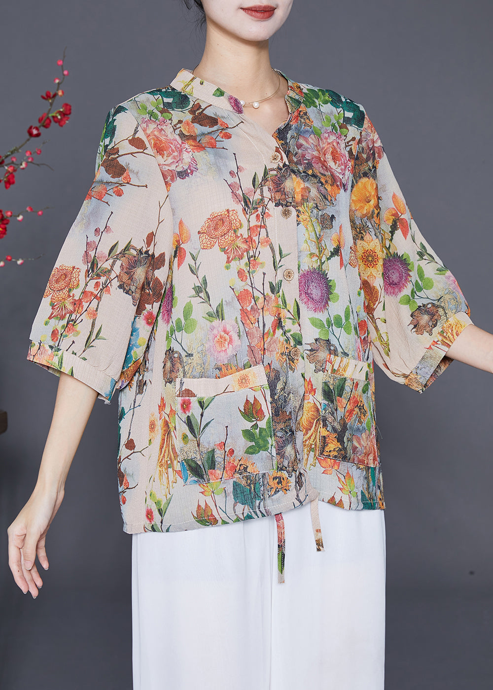 Beautiful Apricot Oversized Print Chiffon Shirt Top Half Sleeve Ada Fashion