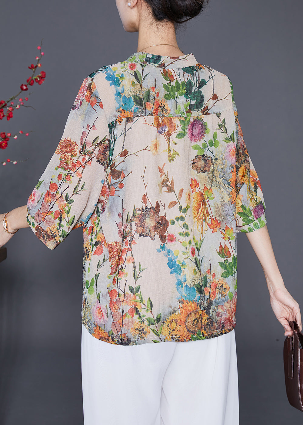 Beautiful Apricot Oversized Print Chiffon Shirt Top Half Sleeve Ada Fashion