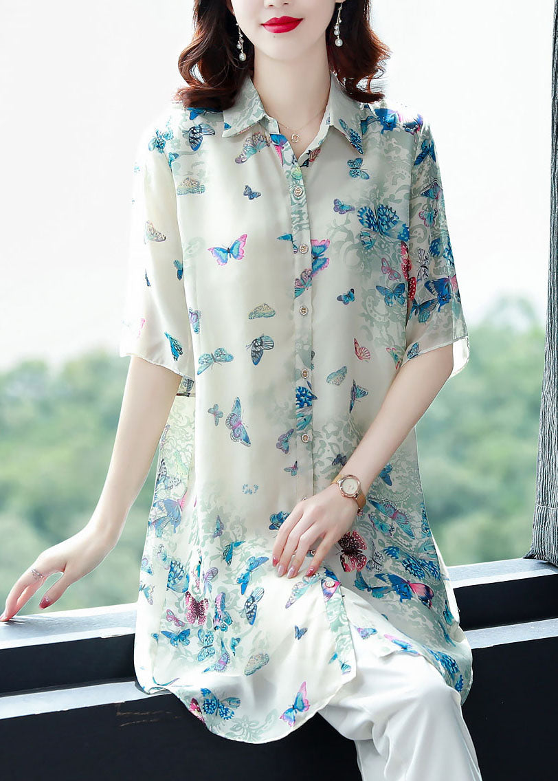 Beautiful Apricot Peter Pan Collar Butterfly Print Chiffon Shirts Top Summer TF1050 - fabuloryshop