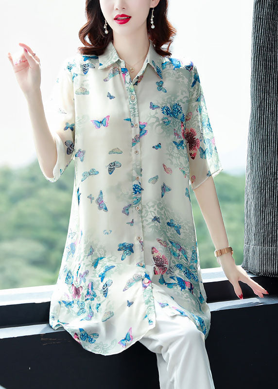 Beautiful Apricot Peter Pan Collar Butterfly Print Chiffon Shirts Top Summer TF1050 - fabuloryshop