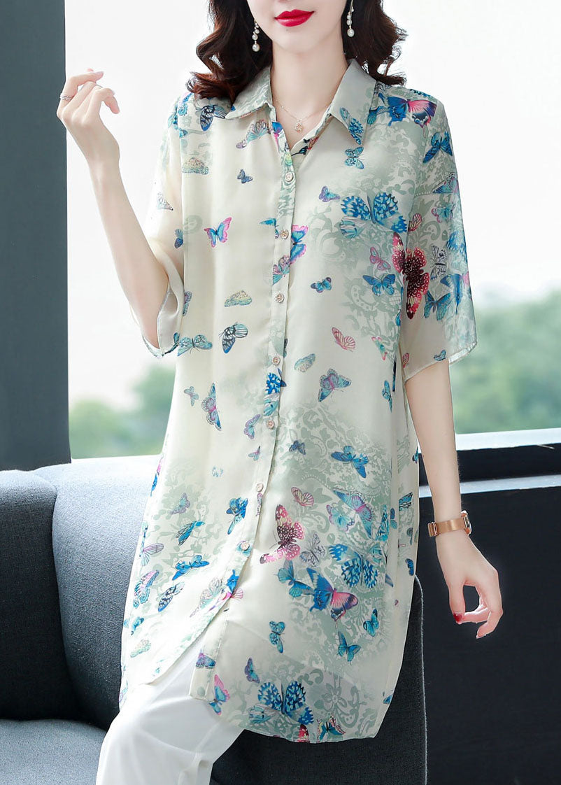 Beautiful Apricot Peter Pan Collar Butterfly Print Chiffon Shirts Top Summer TF1050 - fabuloryshop