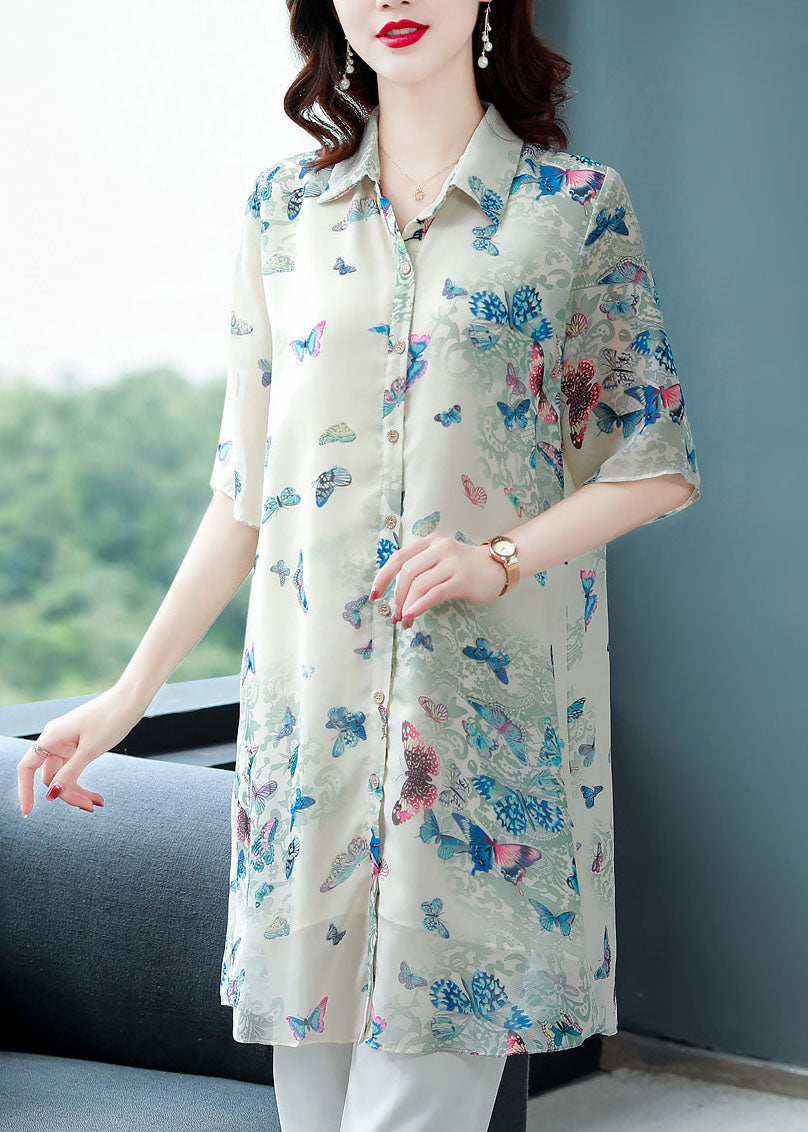 Beautiful Apricot Peter Pan Collar Butterfly Print Chiffon Shirts Top Summer TF1050 - fabuloryshop