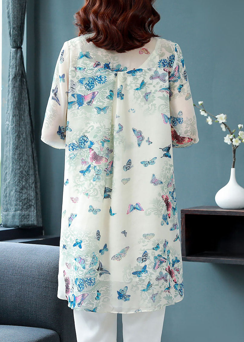 Beautiful Apricot Peter Pan Collar Butterfly Print Chiffon Shirts Top Summer TF1050 - fabuloryshop