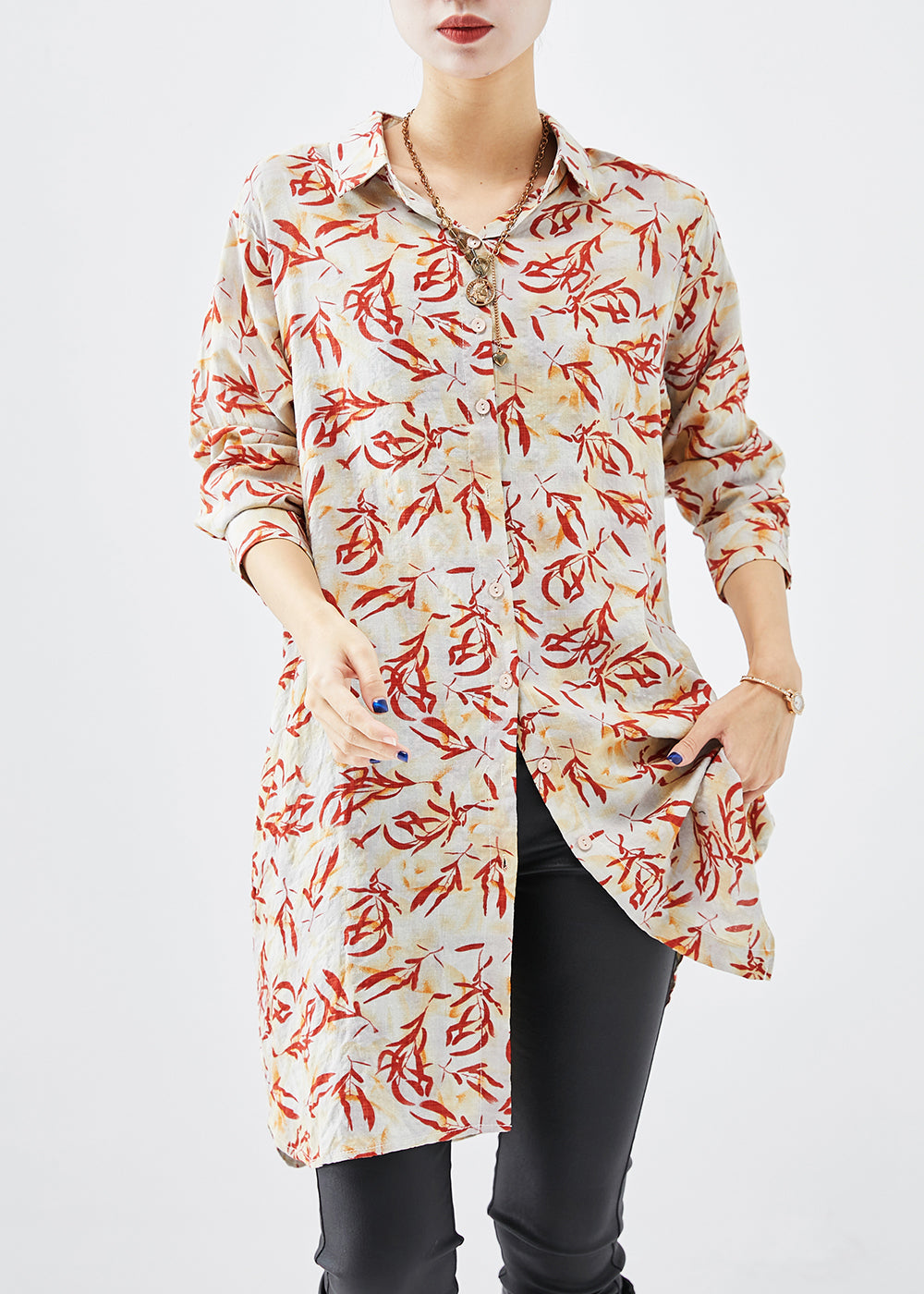 Beautiful Apricot Print Cotton Shirt Dress Fall Ada Fashion