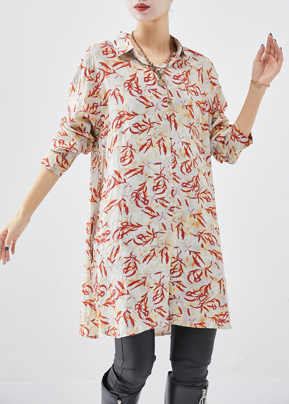 Beautiful Apricot Print Cotton Shirt Dress Fall Ada Fashion