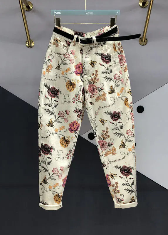 Beautiful Apricot Print High Waist Sashes Pockets Beam Jeans Ada Fashion