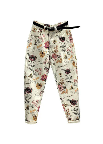 Beautiful Apricot Print High Waist Sashes Pockets Beam Jeans Ada Fashion