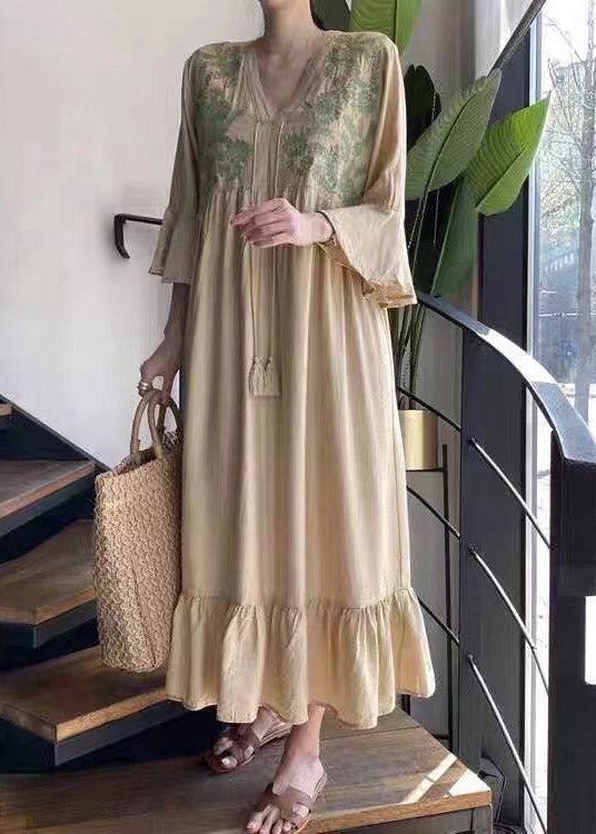 Beautiful Apricot V Neck Embroideried Ruffled Tassel Tie Waist Long Dresses Flare Sleeve LY2058 - fabuloryshop