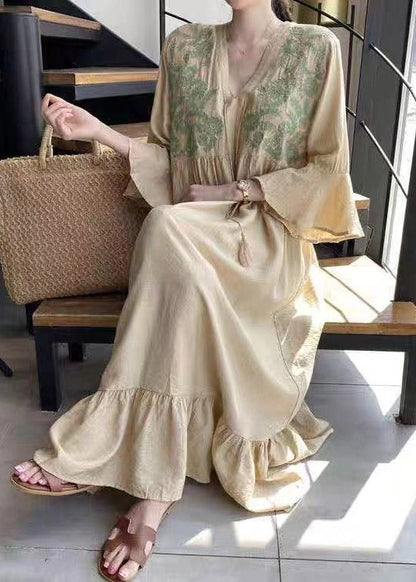 Beautiful Apricot V Neck Embroideried Ruffled Tassel Tie Waist Long Dresses Flare Sleeve LY2058 - fabuloryshop