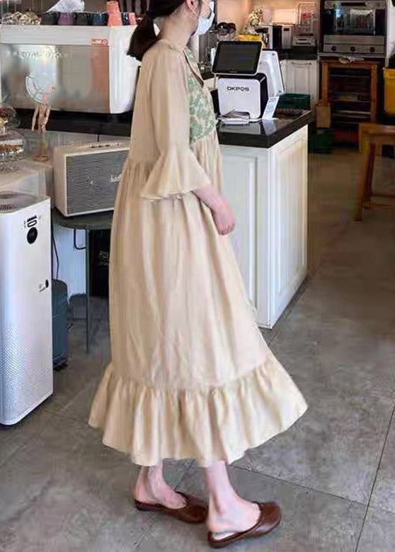 Beautiful Apricot V Neck Embroideried Ruffled Tassel Tie Waist Long Dresses Flare Sleeve LY2058 - fabuloryshop