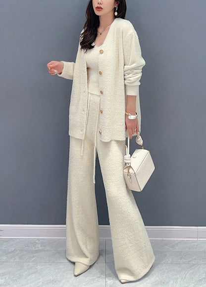 Beautiful Beige Button Elastic Waist Patchwork Cotton Knit Three Pieces Set Fall Ada Fashion