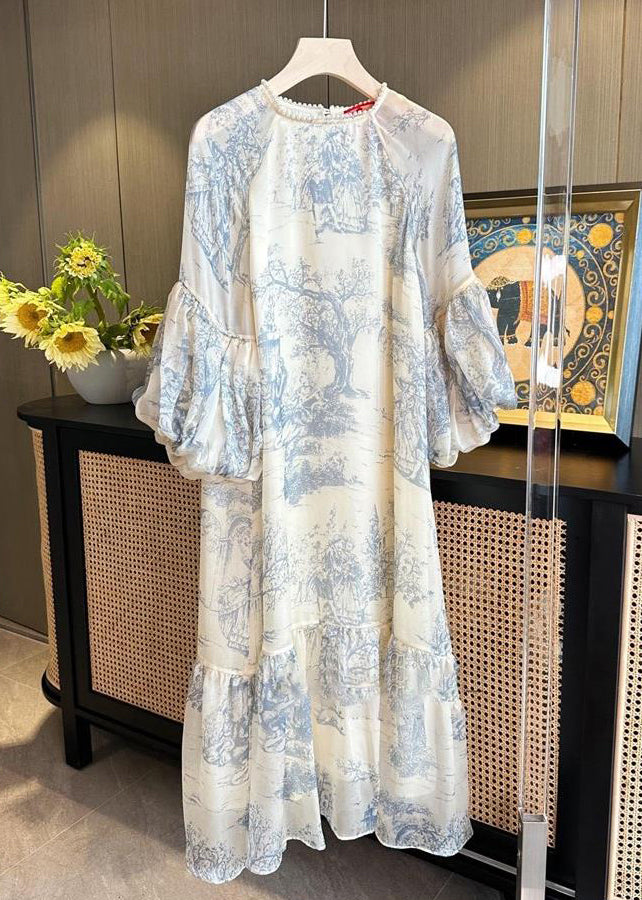 Beautiful Beige Pearl Print Patchwork Dress Puff Sleeve Ada Fashion