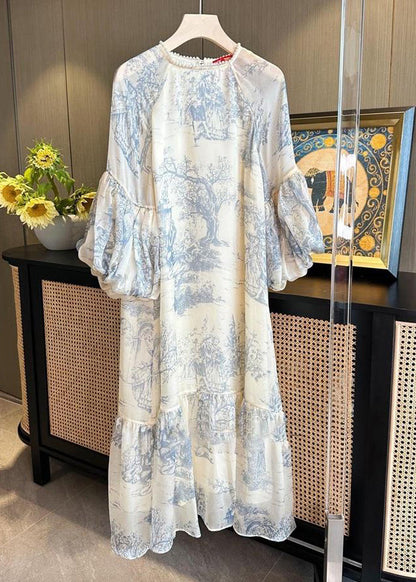 Beautiful Beige Pearl Print Patchwork Dress Puff Sleeve Ada Fashion