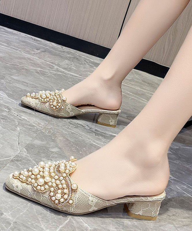 Beautiful Beige Pointed Toe Pearls Chunky Thong Sandals LY4383 - fabuloryshop