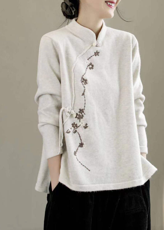 Beautiful Beige Stand Collar Embroideried Chinese Style Knit Tops Spring TG1015 - fabuloryshop