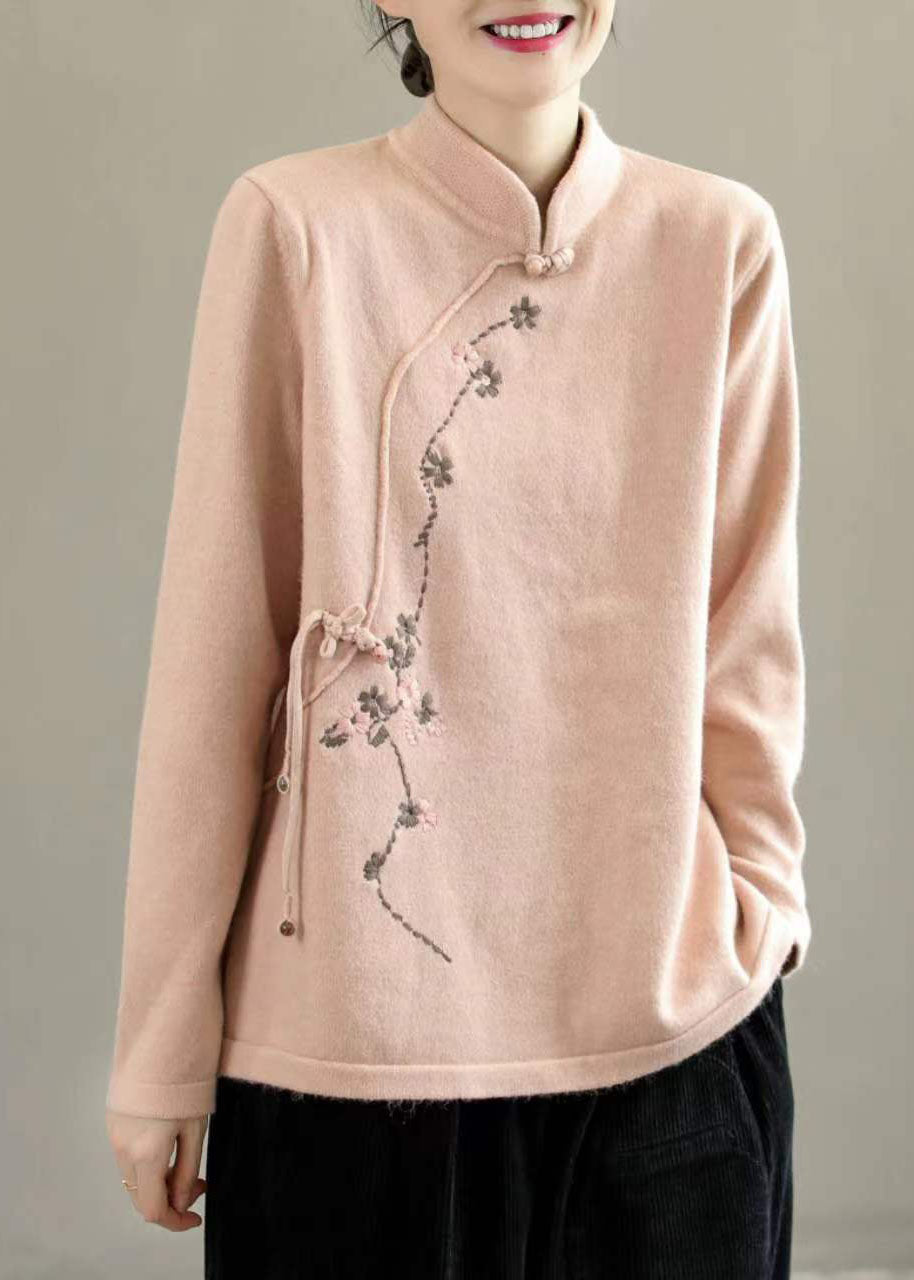 Beautiful Beige Stand Collar Embroideried Chinese Style Knit Tops Spring TG1015 - fabuloryshop