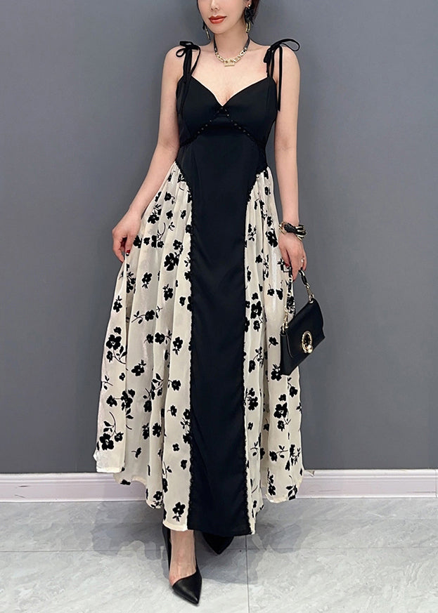 Beautiful Black Bustier Top Patchwork Print Silk Spaghetti Strap Dress  Summer LY0558