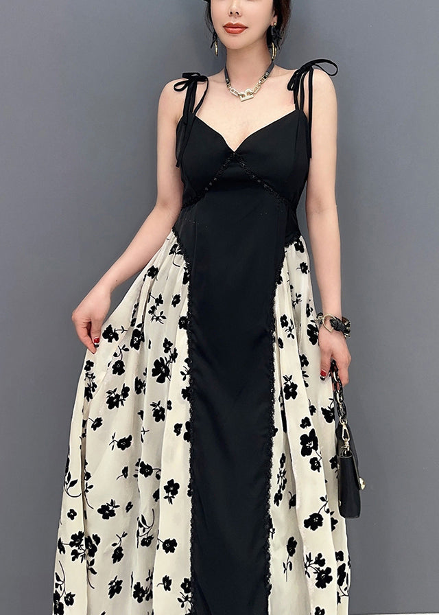 Beautiful Black Bustier Top Patchwork Print Silk Spaghetti Strap Dress  Summer LY0558