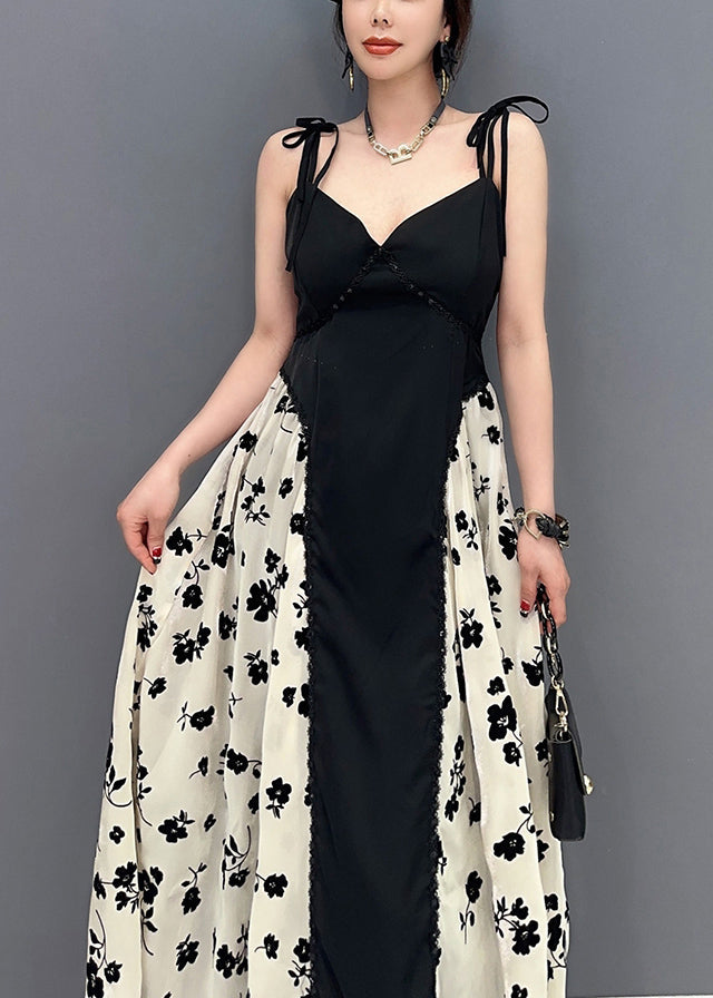 Beautiful Black Bustier Top Patchwork Print Silk Spaghetti Strap Dress  Summer LY0558 - fabuloryshop