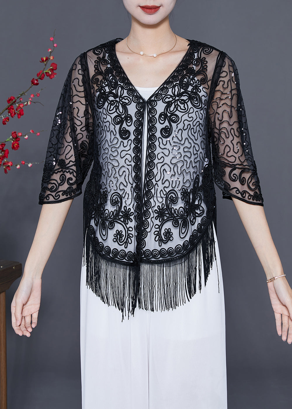 Beautiful Black Embroideried Tulle Cardigans Summer LY5546 - fabuloryshop