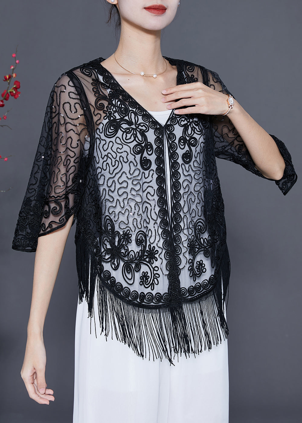 Beautiful Black Embroideried Tulle Cardigans Summer LY5546 - fabuloryshop