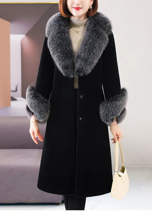 Beautiful Black Fox Collar Tie Waist Woolen Long Coat Winter Ada Fashion