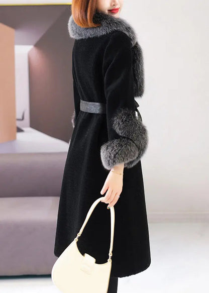 Beautiful Black Fox Collar Tie Waist Woolen Long Coat Winter Ada Fashion