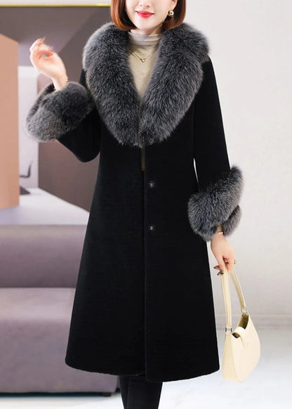 Beautiful Black Fox Collar Tie Waist Woolen Long Coat Winter Ada Fashion