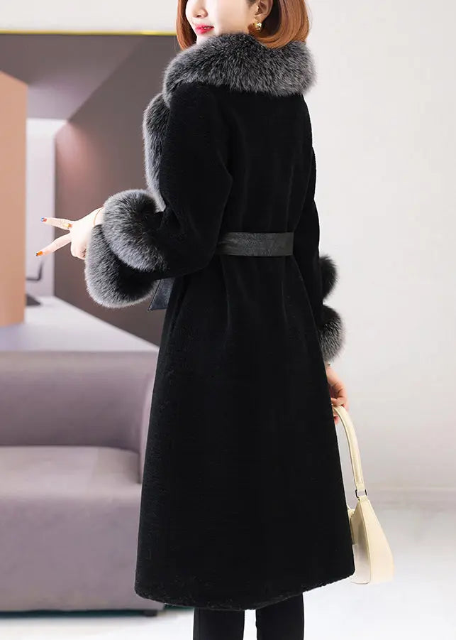 Beautiful Black Fox Collar Tie Waist Woolen Long Coat Winter Ada Fashion