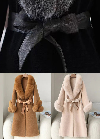 Beautiful Black Fox Collar Tie Waist Woolen Long Coat Winter Ada Fashion