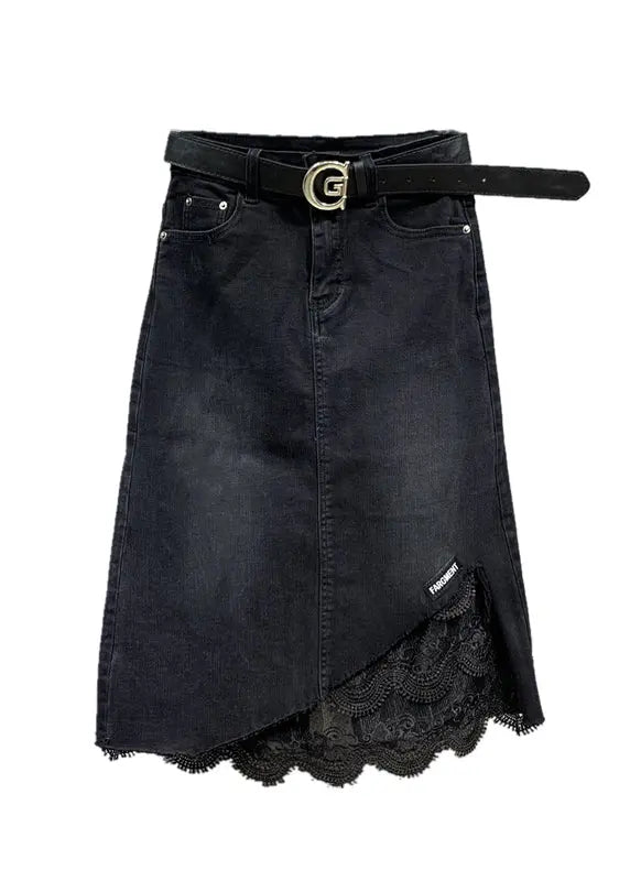 Beautiful Black Lace Pockets Patchwork Denim Skirt Fall Ada Fashion