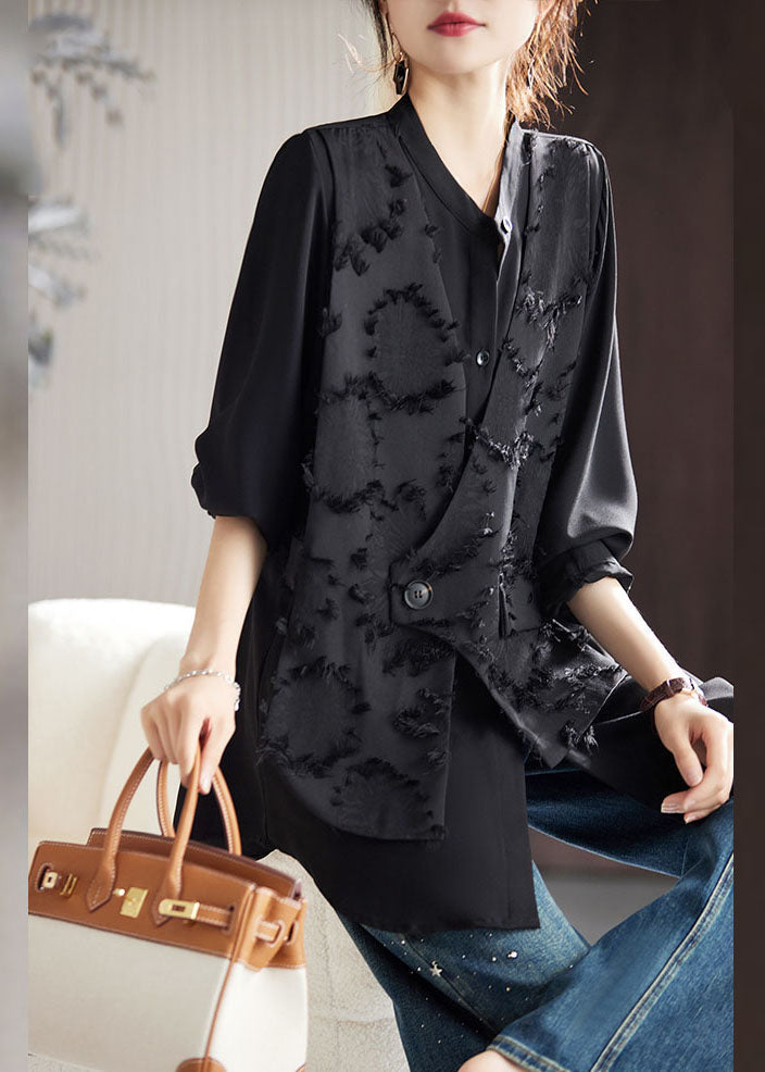 Beautiful Black O-Neck Floral Patchwork Fake Two Pieces Chiffon Top Fall Ada Fashion