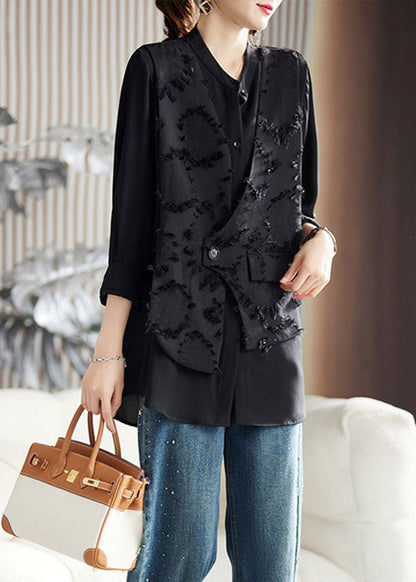 Beautiful Black O-Neck Floral Patchwork Fake Two Pieces Chiffon Top Fall Ada Fashion