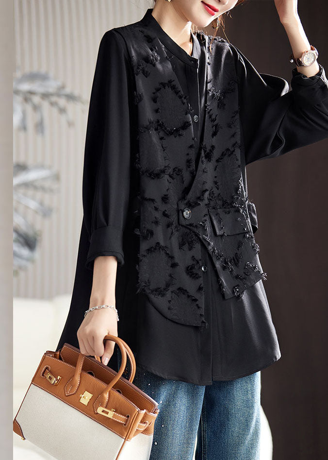 Beautiful Black O-Neck Floral Patchwork Fake Two Pieces Chiffon Top Fall Ada Fashion