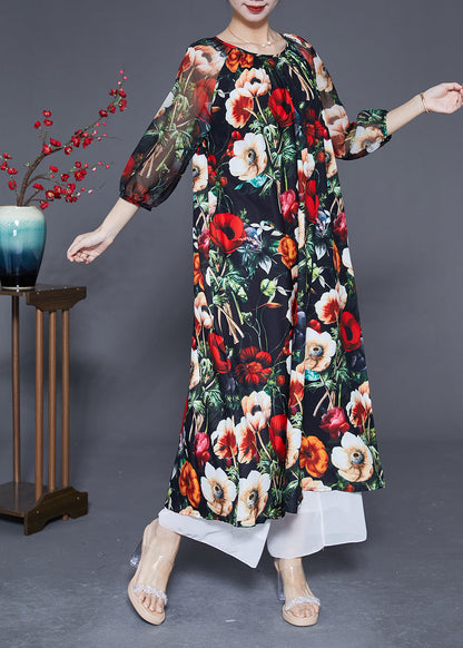 Beautiful Black O-Neck Floral Print Silk Dress Bracelet Sleeve LY2895 - fabuloryshop