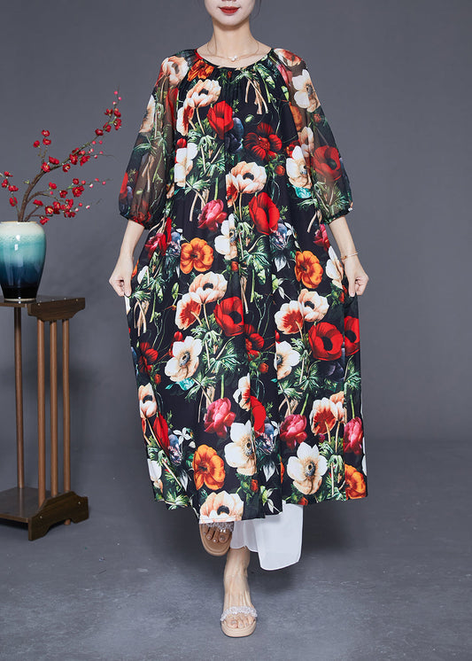 Beautiful Black O-Neck Floral Print Silk Dress Bracelet Sleeve LY2895 - fabuloryshop