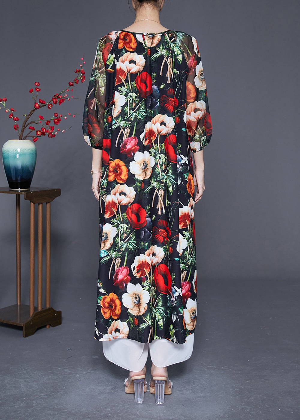 Beautiful Black O-Neck Floral Print Silk Dress Bracelet Sleeve LY2895 - fabuloryshop