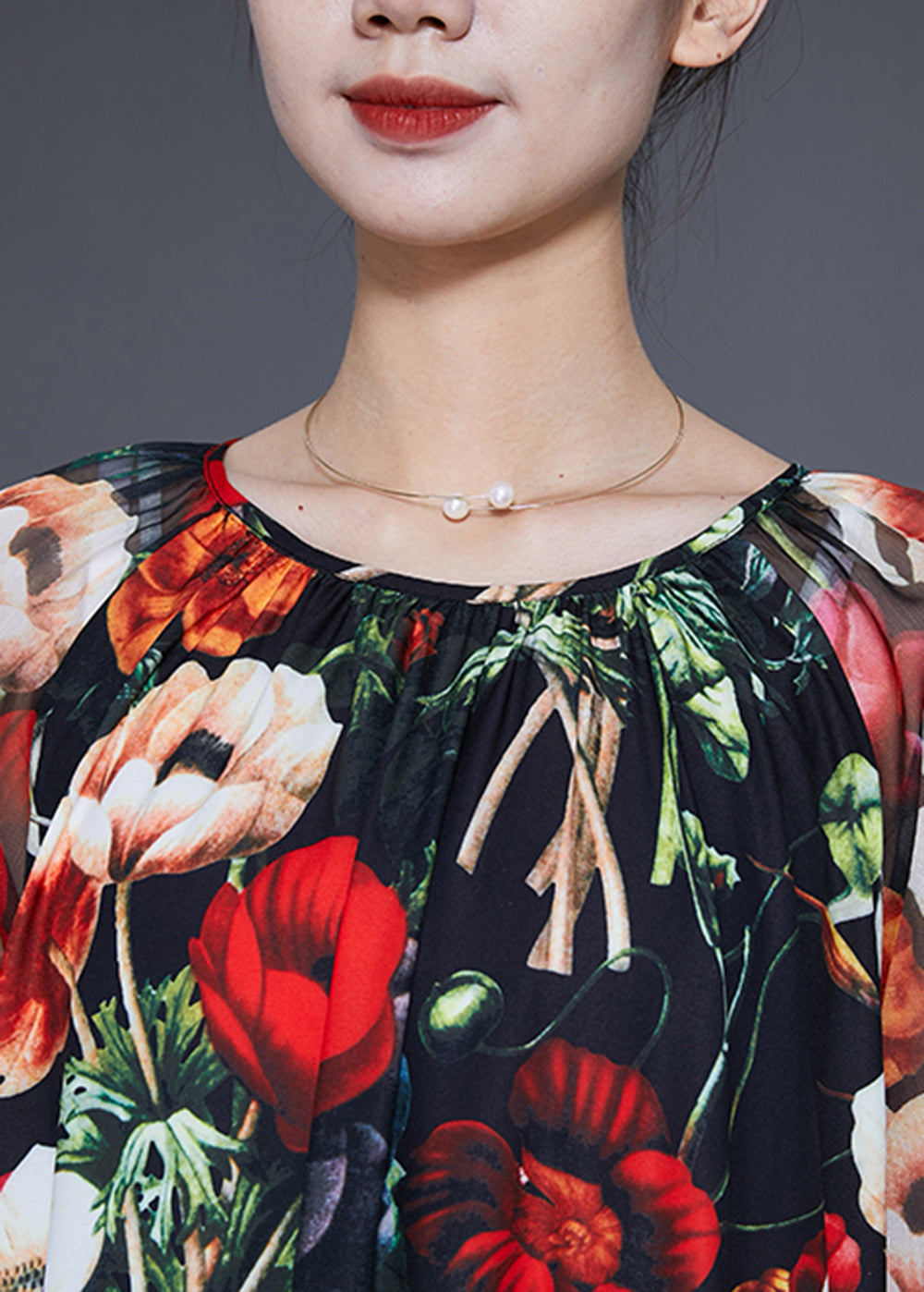 Beautiful Black O-Neck Floral Print Silk Dress Bracelet Sleeve LY2895