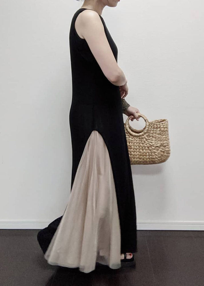 Beautiful Black O Neck Patchwork Tulle Long Dress Sleeveless LY2193 - fabuloryshop