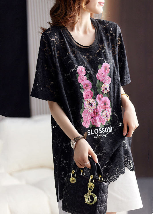 Beautiful Black O-Neck Print Hollow Out Lace Top Short Sleeve Ada Fashion